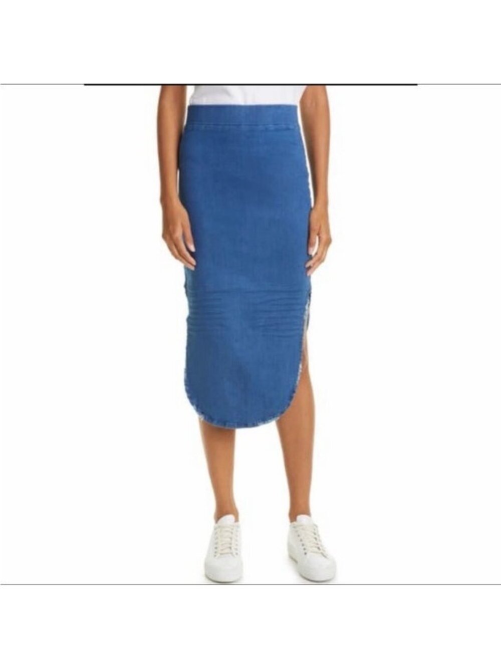 Frank & Eileen Donegal Denim Midi Skirt Womens 8 Blue Stretch Made USA
